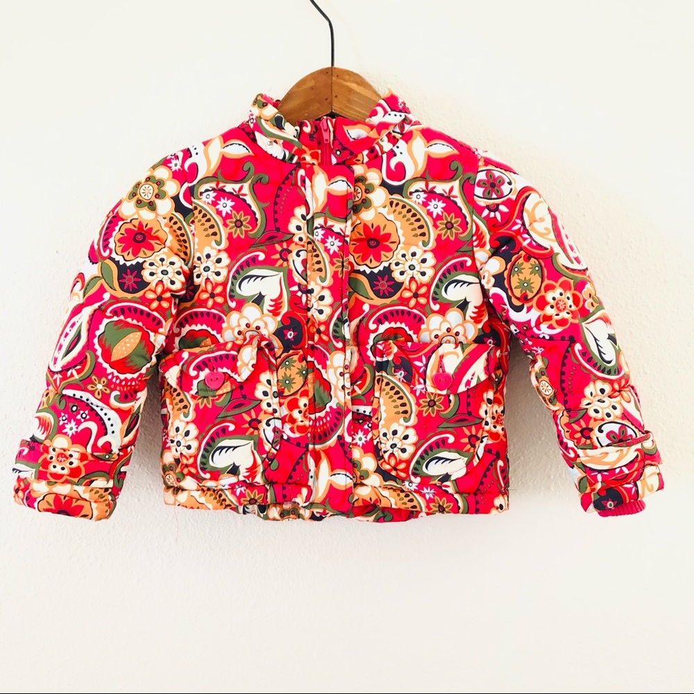H & M girls vibrant pink & orange floral print puffer jacket